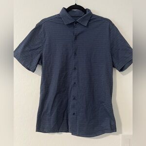 Robert Barakett Navy Striped Button Front Medium Quiet Luxury 100% Cotton